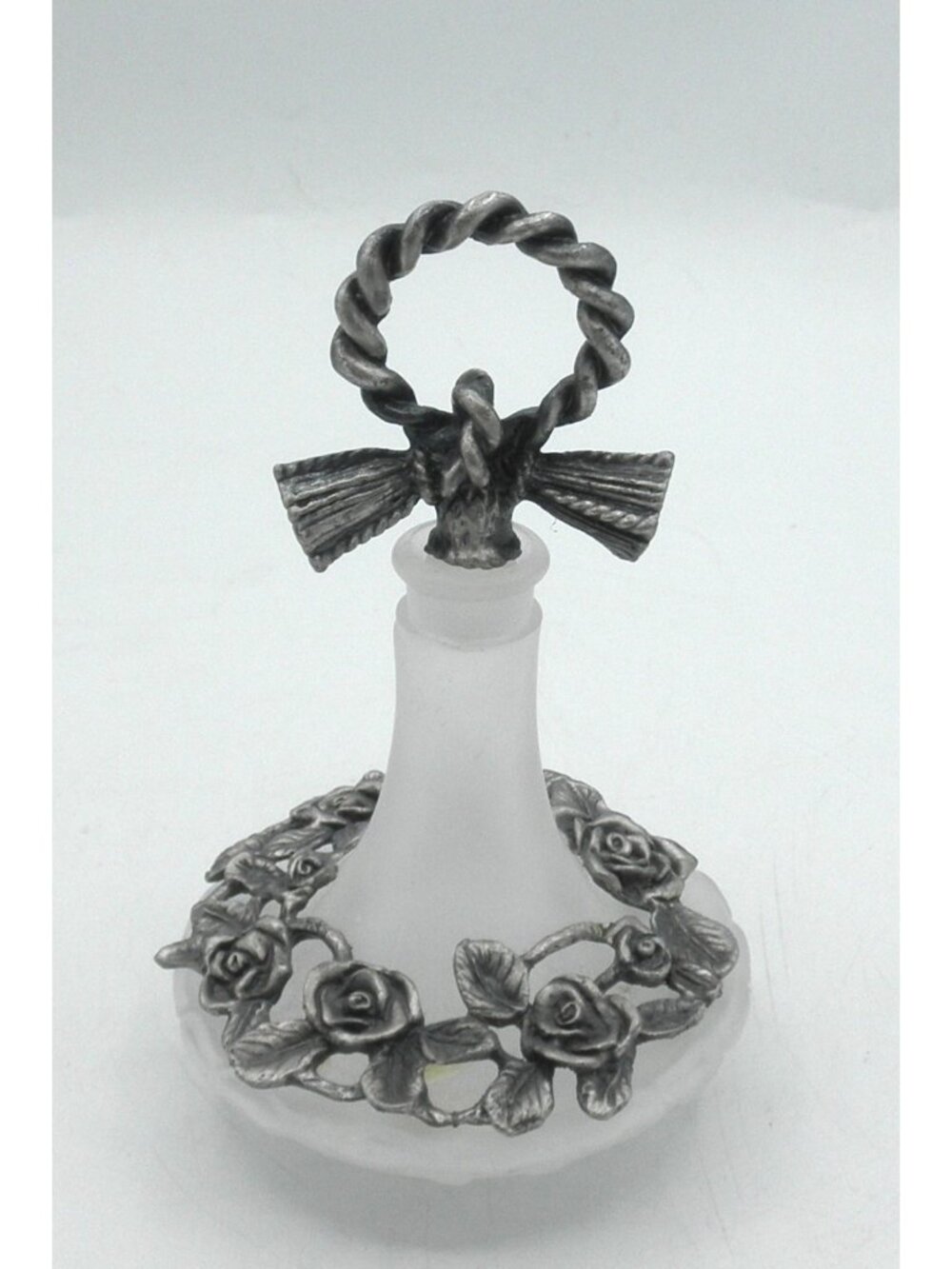 Vintage Clear Frosted Glass Vanity Bottle With Pewter Embellishments & Stopper - Picture 3 of 8
